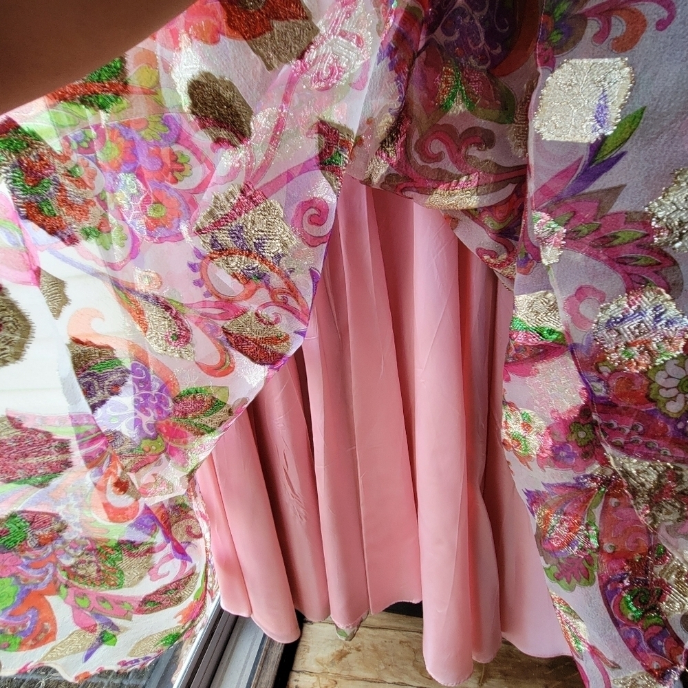 Vintage Handmade Custome Japanese Asian Pink Gold Flowering Long Dress Pink Bow - Picture 10 of 15